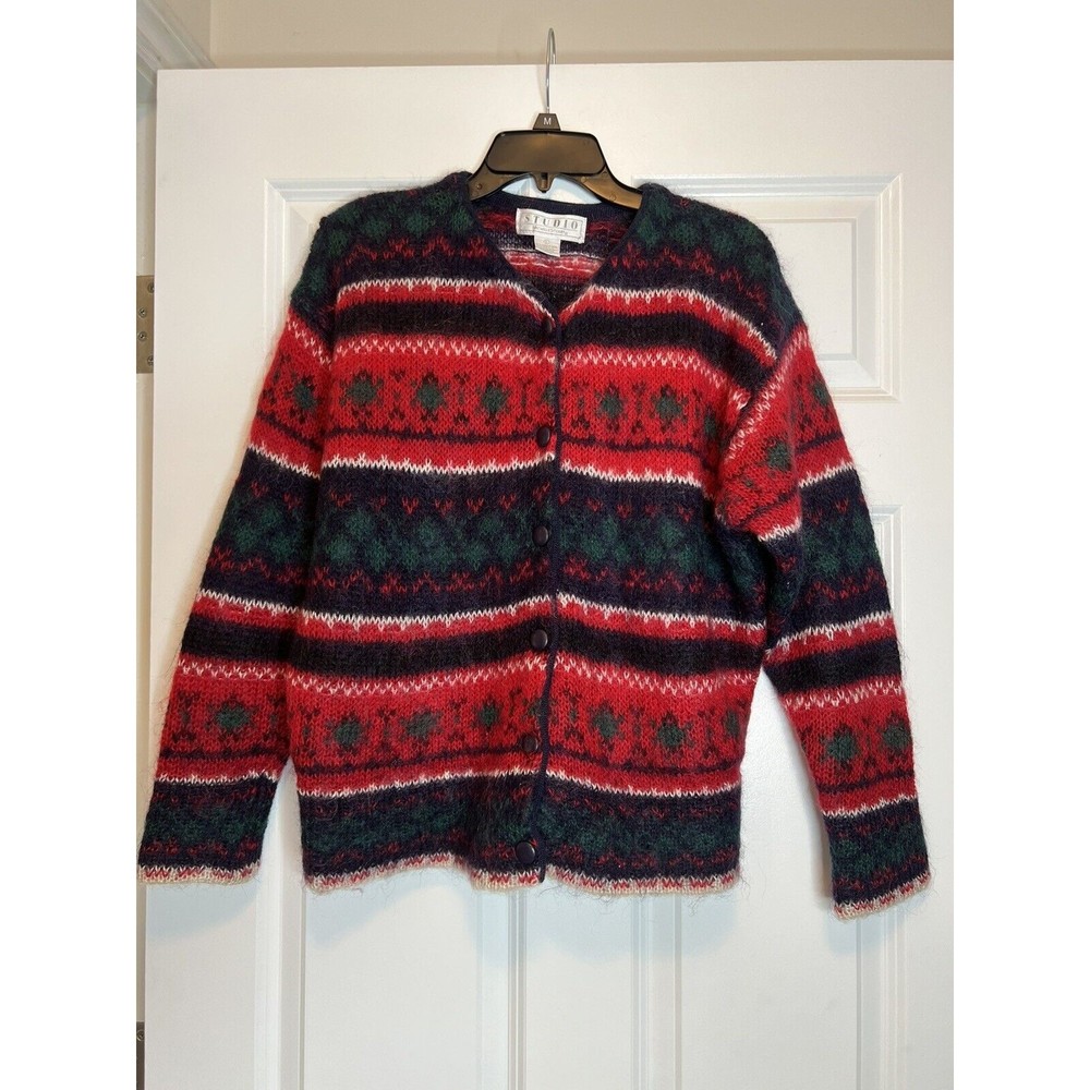 Vintage Michelle Stuart Studio Mohair Blend Fair Isle Womens Cardigan Sweater L